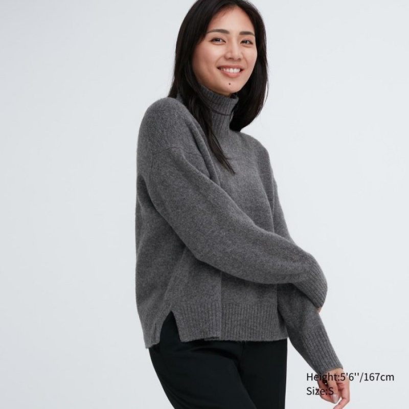 Grey Uniqlo Souffle Yarn High Neck Long-Sleeve Women Sweaters | 9224755