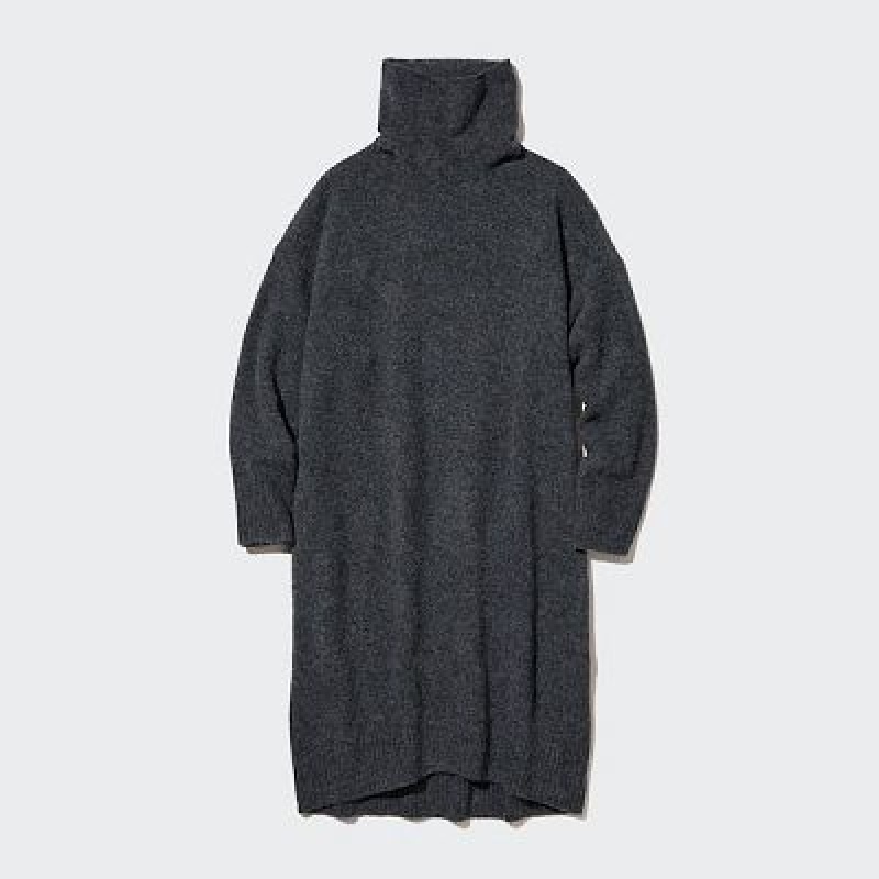 Grey Uniqlo Souffle Yarn Turtleneck Women Dress | 9224607