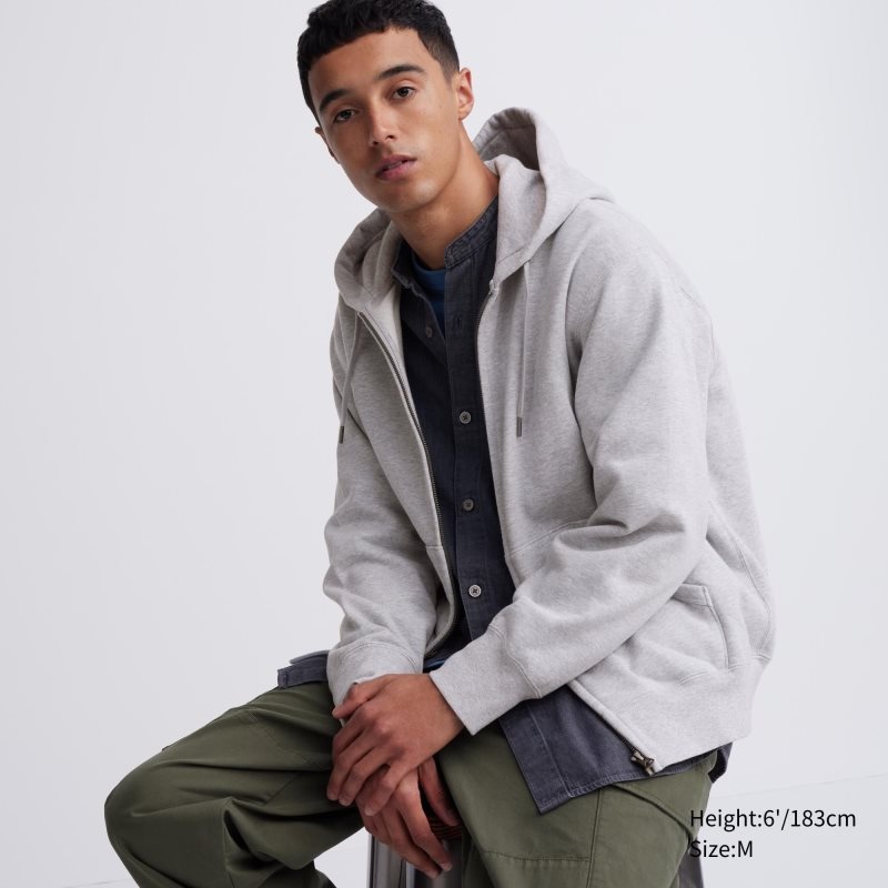 Grey Uniqlo Sweat Long-sleeve Full-zip Men Hoodie | 5820383
