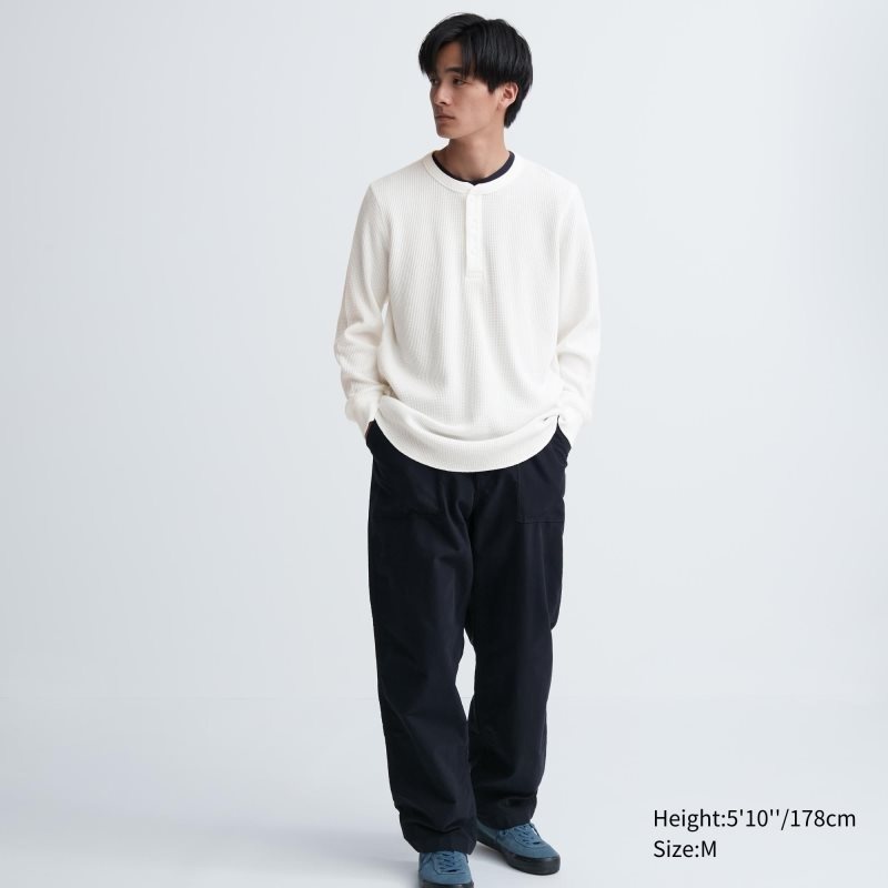 Grey Uniqlo Waffle Henley Neck Long-sleeve Men T Shirts | 1089129