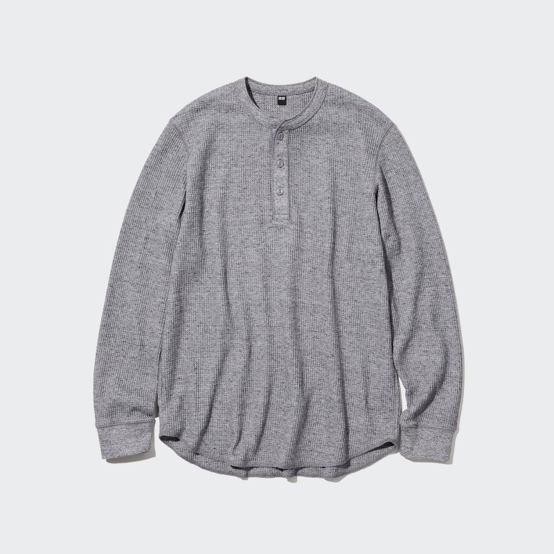 Grey Uniqlo Waffle Henley Neck Long-sleeve Men T Shirts | 1089129