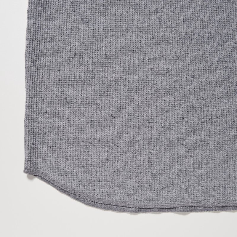 Grey Uniqlo Waffle Henley Neck Long-sleeve Men T Shirts | 1089129