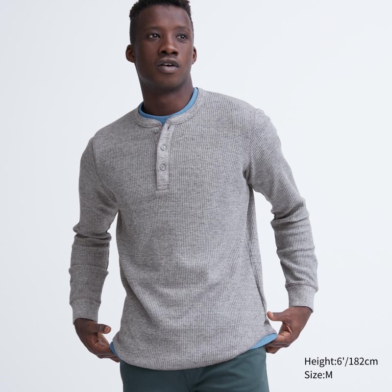 Grey Uniqlo Waffle Henley Neck Long-sleeve Men T Shirts | 1089129