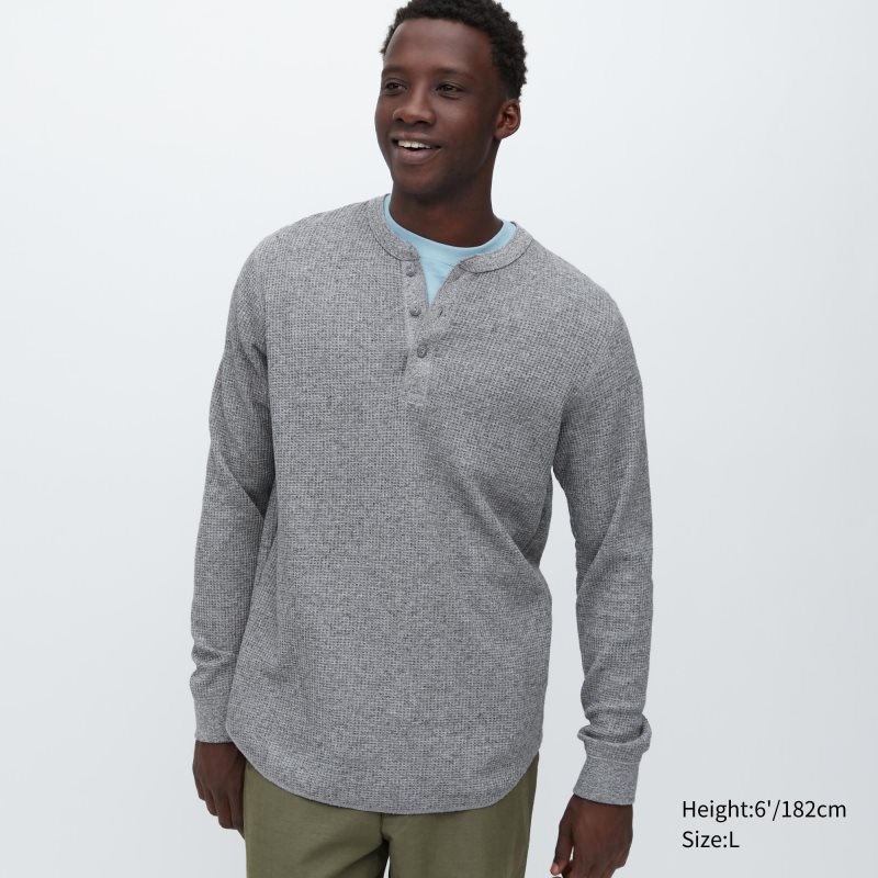 Grey Uniqlo Waffle Long-sleeve Henley Men T Shirts | 8063849