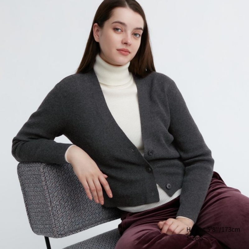 Grey Uniqlo Washable Knit Ribbed Long-Sleeve Women Cardigan | 3423600