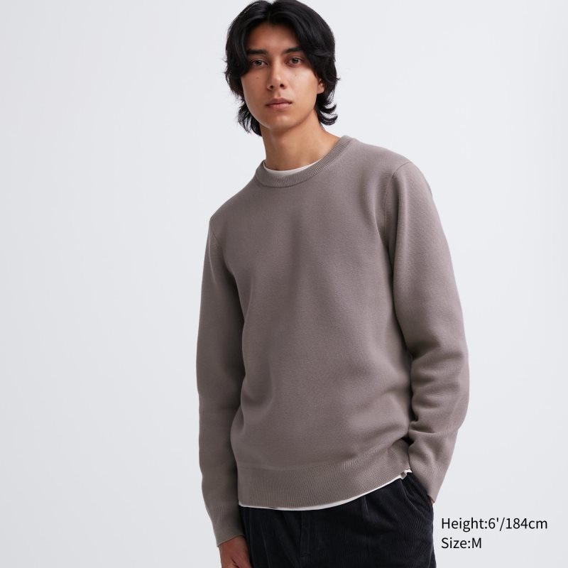 Grey Uniqlo Washable Milano Ribbed Crew Neck Men Sweaters | 5973742