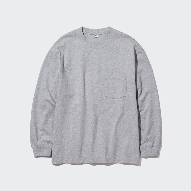 Grey Uniqlo Washed Cotton Crew Neck Long-sleeve Men T Shirts | 5708686
