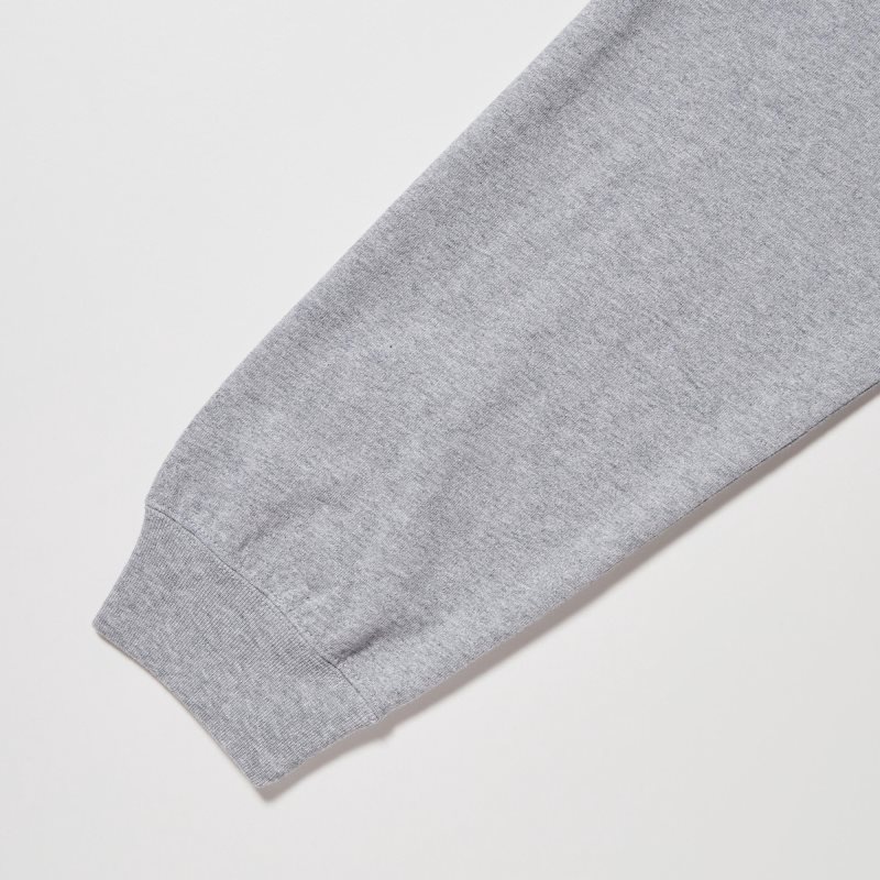 Grey Uniqlo Washed Cotton Crew Neck Long-sleeve Men T Shirts | 5708686