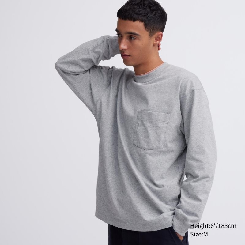 Grey Uniqlo Washed Cotton Crew Neck Long-sleeve Men T Shirts | 5708686