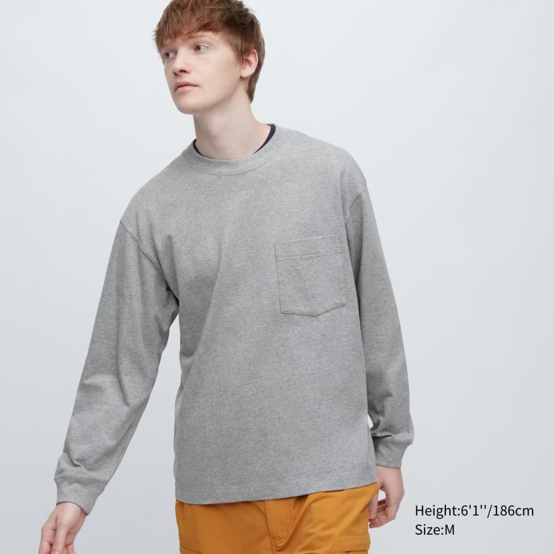 Grey Uniqlo Washed Cotton Crew Neck Long-sleeve Men T Shirts | 5505762