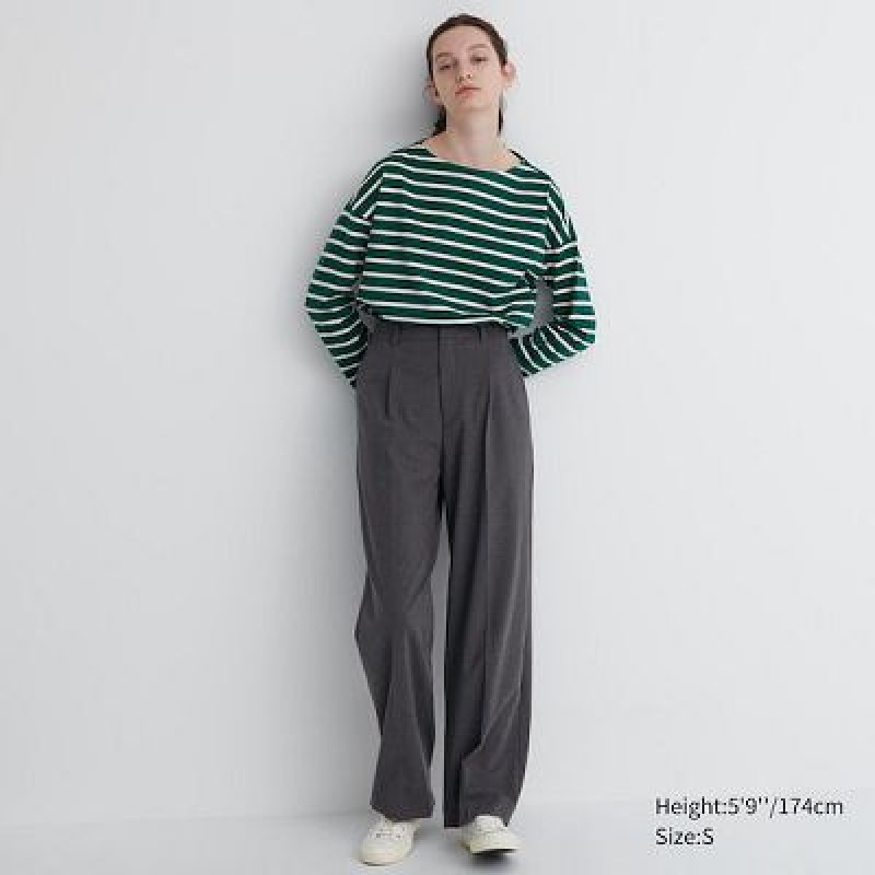 Grey Uniqlo Wide-Fit Pleated Women Pants | 265602
