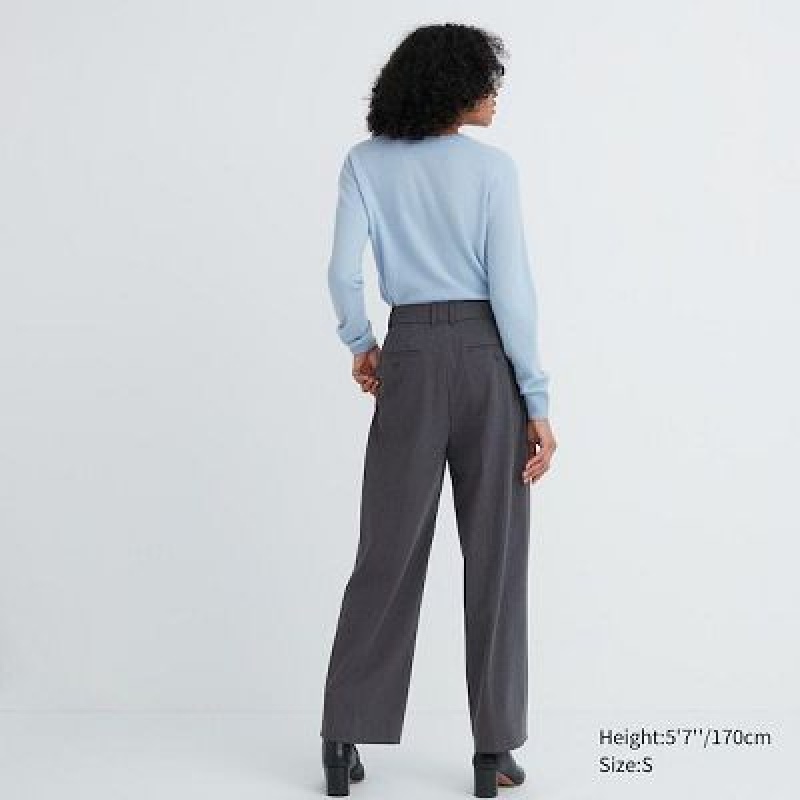 Grey Uniqlo Wide-Fit Pleated Women Pants | 5543113