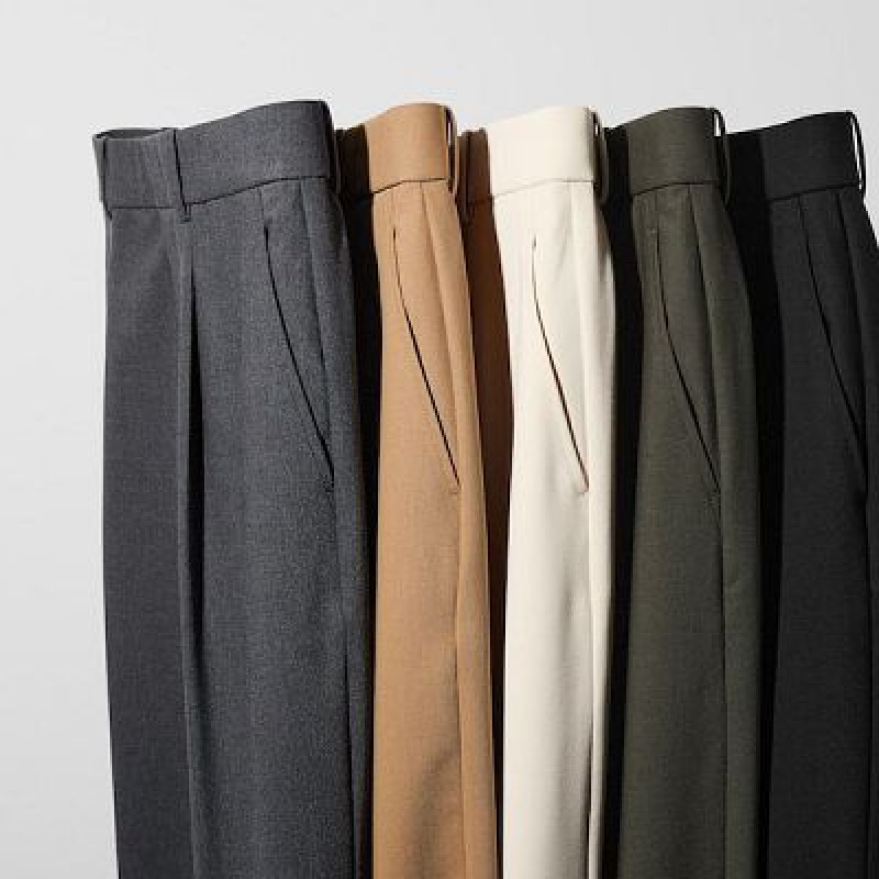 Grey Uniqlo Wide-Fit Pleated Women Pants | 5543113