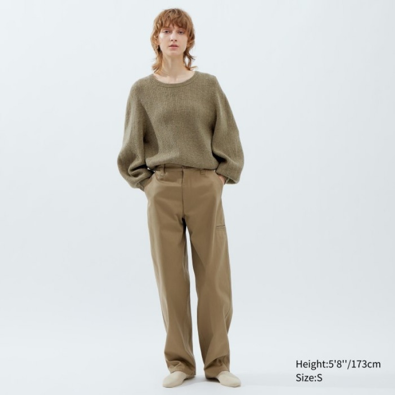 Khaki Uniqlo Premium Lambswool Volume Long-Sleeve Women Sweaters | 8923940