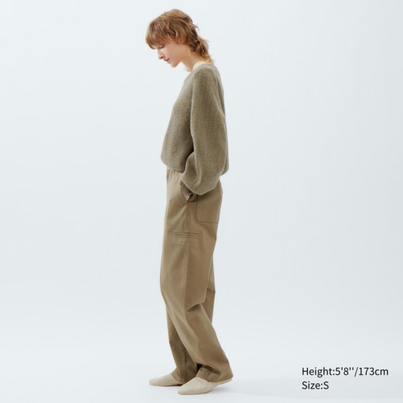 Khaki Uniqlo Premium Lambswool Volume Long-Sleeve Women Sweaters | 8923940