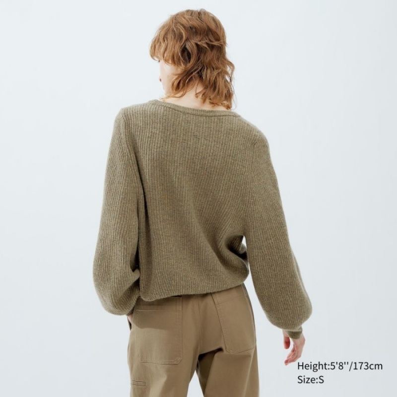 Khaki Uniqlo Premium Lambswool Volume Long-Sleeve Women Sweaters | 8923940