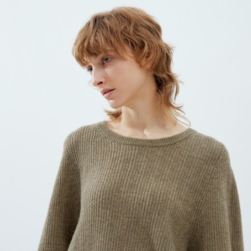 Khaki Uniqlo Premium Lambswool Volume Long-Sleeve Women Sweaters | 8923940