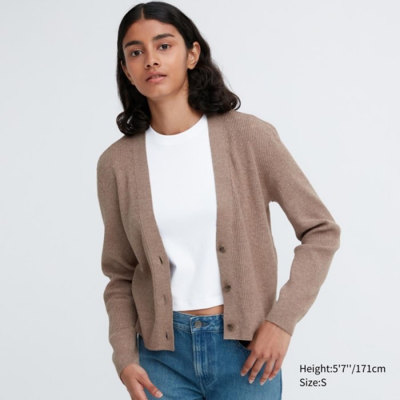 Khaki Uniqlo Washable Knit Ribbed Long-Sleeve Women Cardigan | 4133269