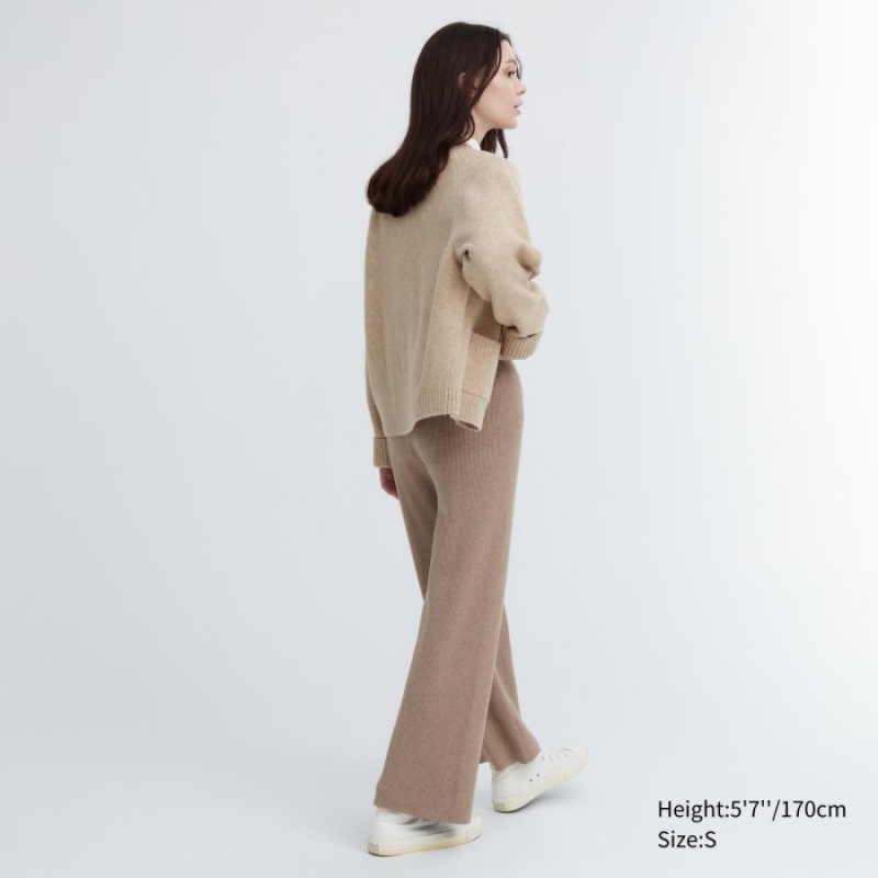 Khaki Uniqlo Washable Knit Ribbed Lounge Women Pants | 2200675