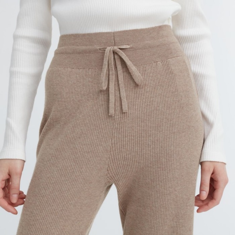 Khaki Uniqlo Washable Knit Ribbed Lounge Women Pants | 2200675