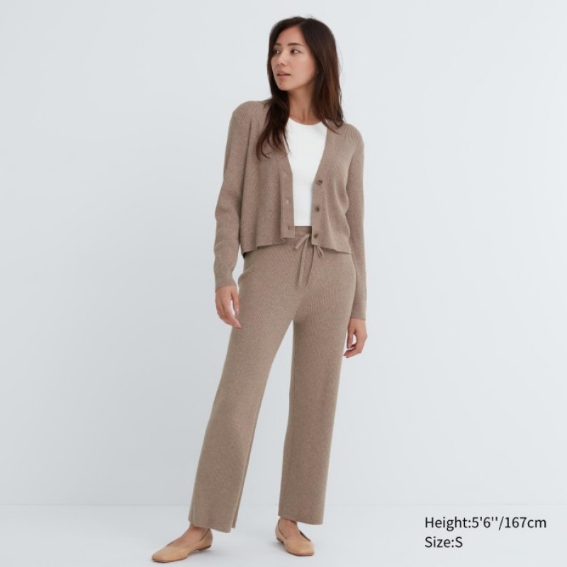 Khaki Uniqlo Washable Knit Ribbed Lounge Women Pants | 2200675