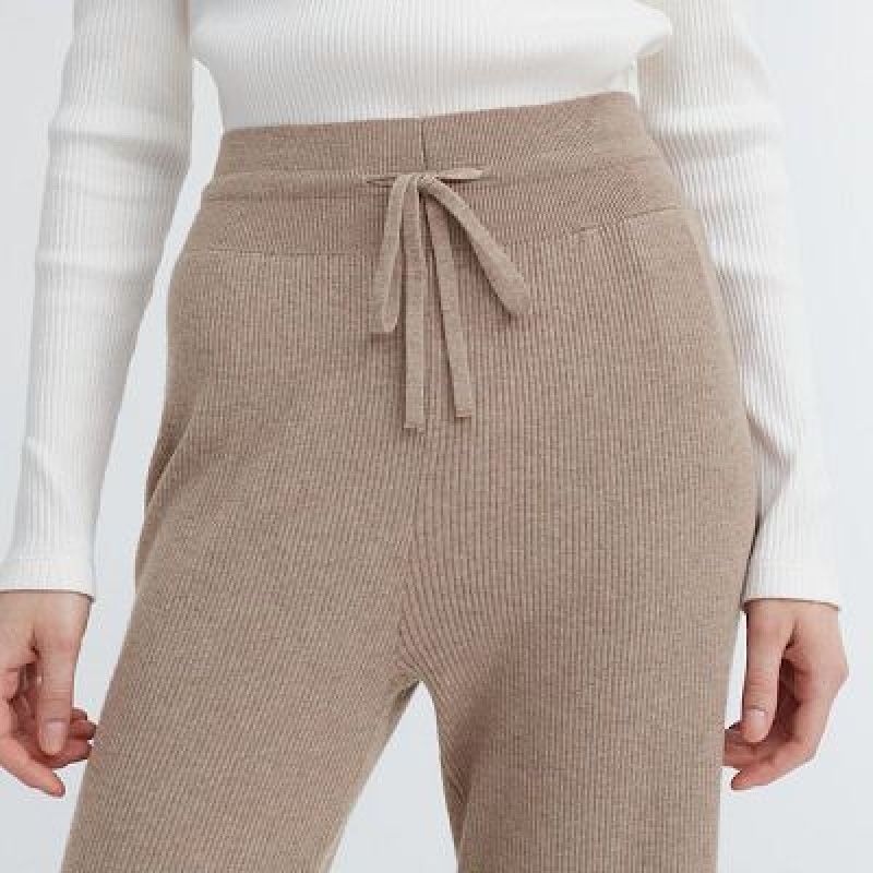 Khaki Uniqlo Washable Knit Ribbed Women Pants | 4395761