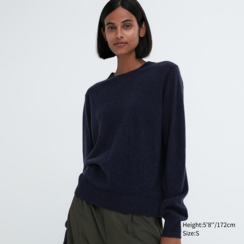 Navy Uniqlo Cashmere Crew Neck Long-sleeve Women Sweaters | 6897988
