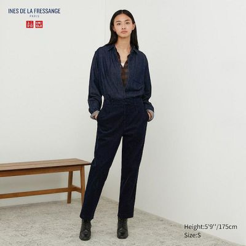 Navy Uniqlo Corduroy Tapered Ankle Women Pants | 6077118