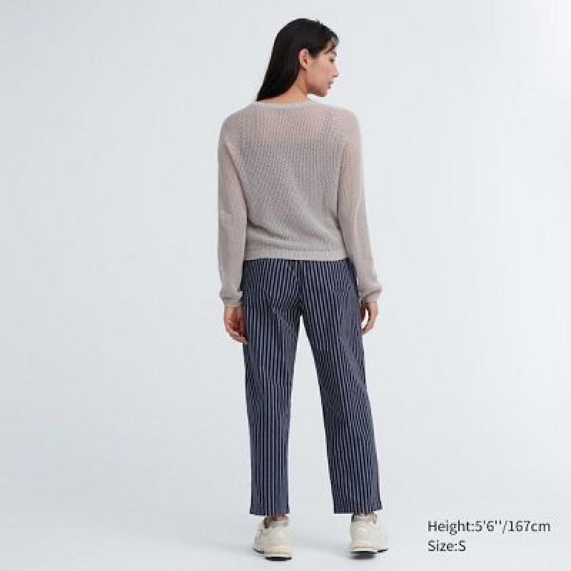 Navy Uniqlo Cotton Striped Relaxed Ankle Women Pants | 5145674