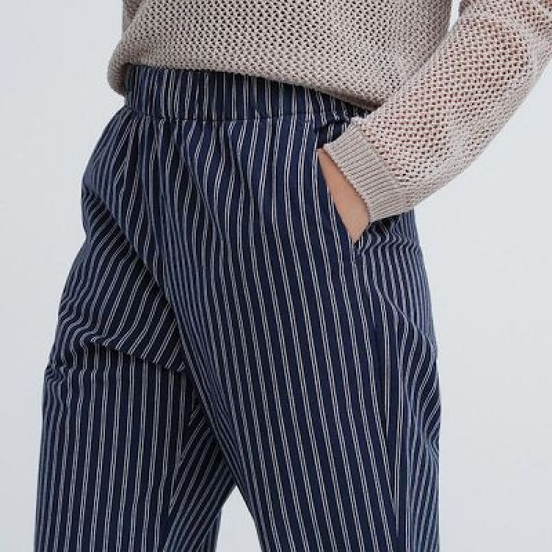Navy Uniqlo Cotton Striped Relaxed Ankle Women Pants | 5145674