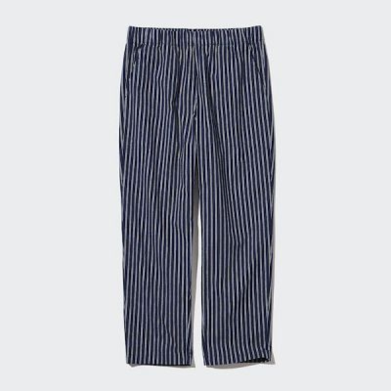 Navy Uniqlo Cotton Striped Relaxed Ankle Women Pants | 5145674