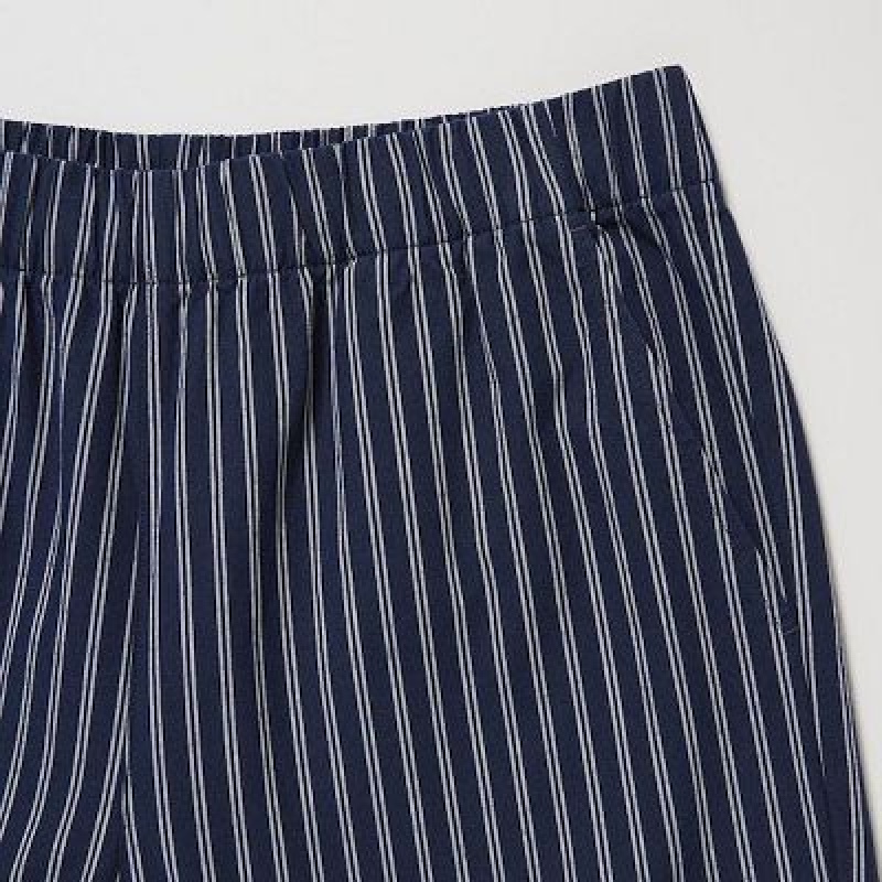 Navy Uniqlo Cotton Striped Relaxed Ankle Women Pants | 5145674
