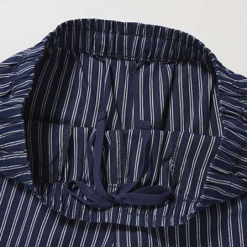 Navy Uniqlo Cotton Striped Relaxed Ankle Women Pants | 5145674