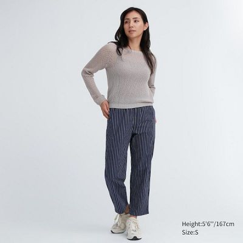 Navy Uniqlo Cotton Striped Relaxed Ankle Women Pants | 5145674