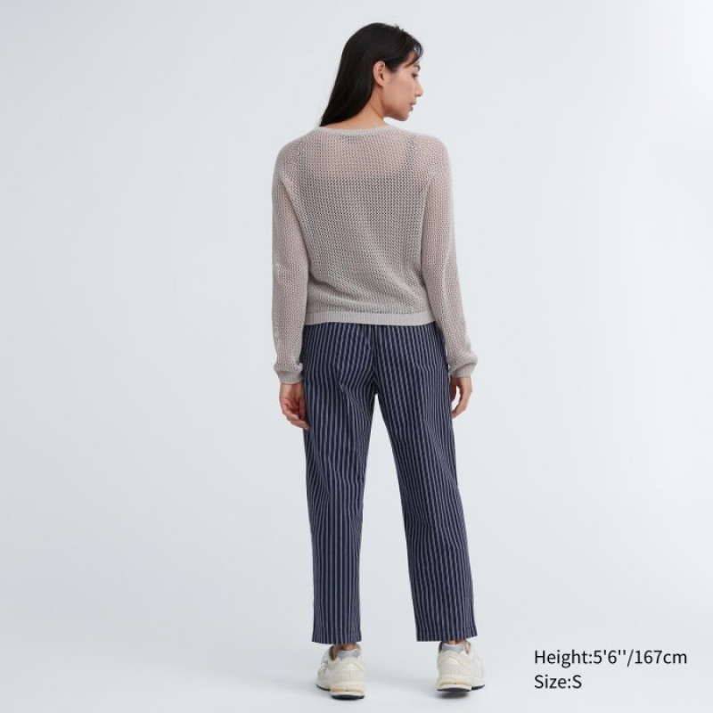 Navy Uniqlo Cotton Striped Relaxed Ankle Women Pants | 726728