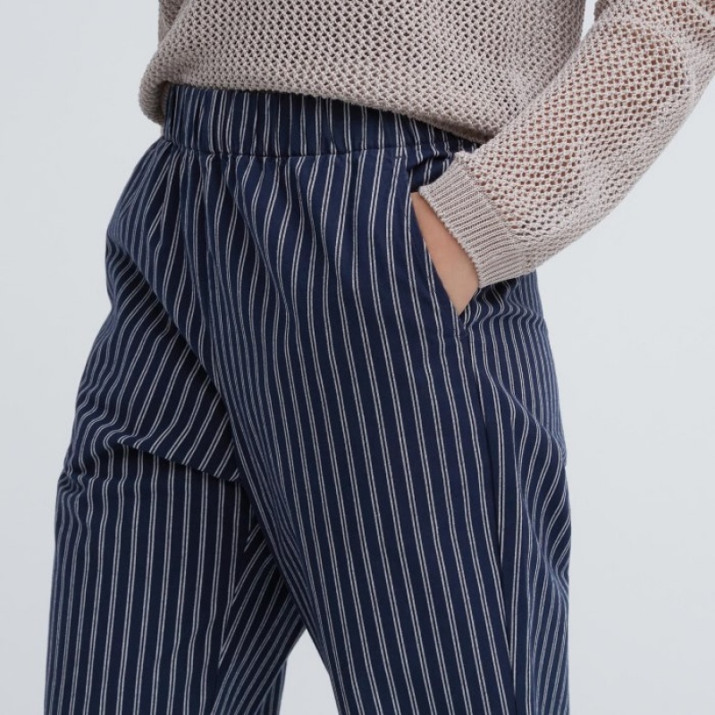 Navy Uniqlo Cotton Striped Relaxed Ankle Women Pants | 726728