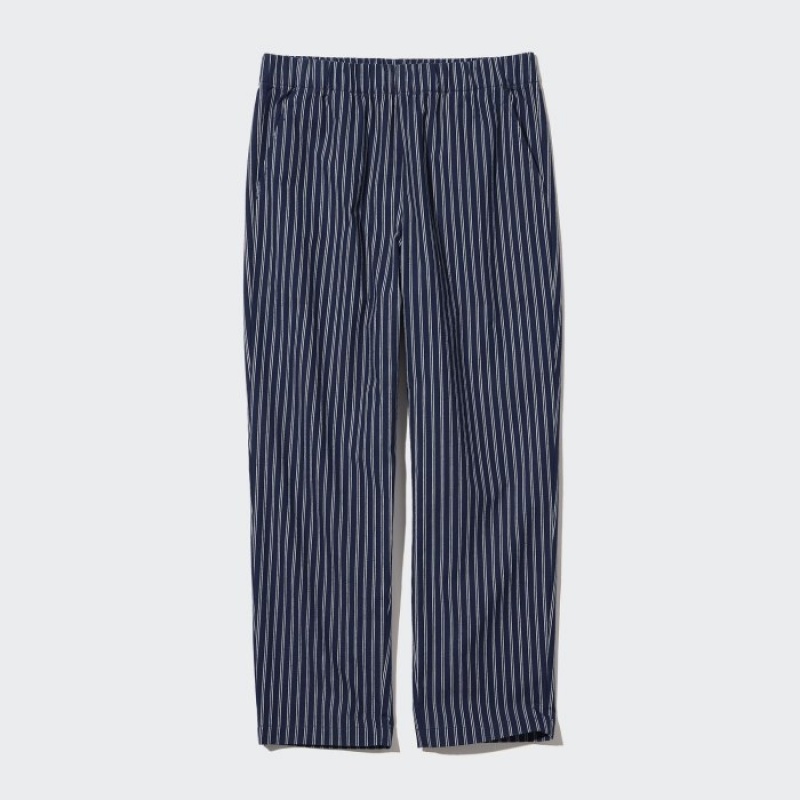 Navy Uniqlo Cotton Striped Relaxed Ankle Women Pants | 726728