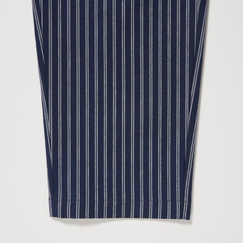 Navy Uniqlo Cotton Striped Relaxed Ankle Women Pants | 726728