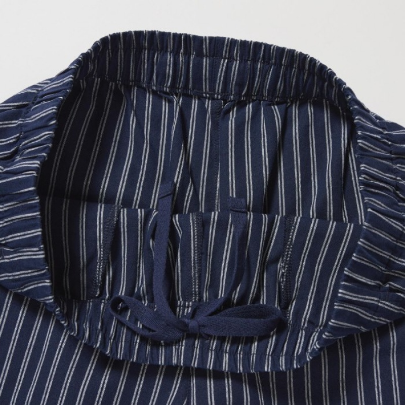 Navy Uniqlo Cotton Striped Relaxed Ankle Women Pants | 726728