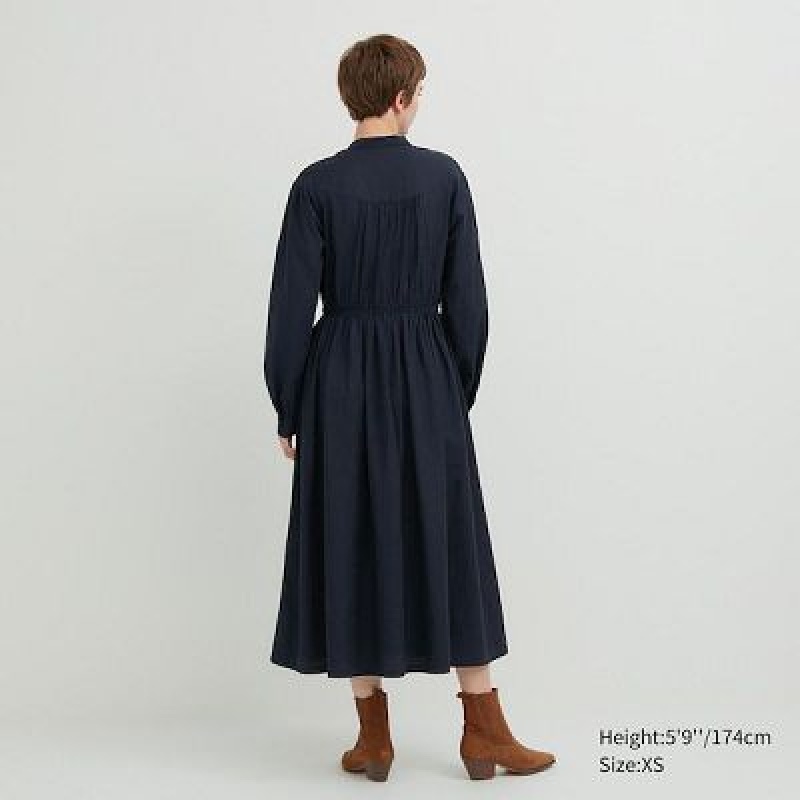 Navy Uniqlo Cotton Twill Volume Sleeve Long Women Dress | 1324574