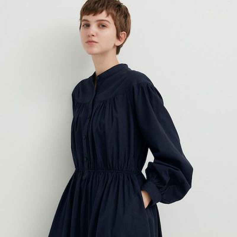 Navy Uniqlo Cotton Twill Volume Sleeve Long Women Dress | 1324574