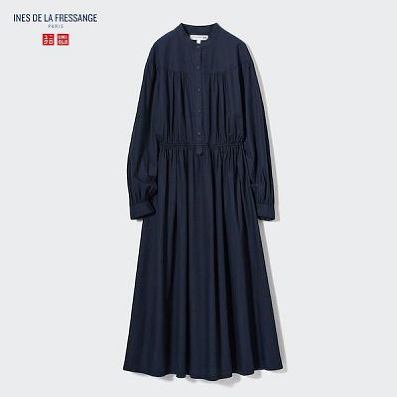 Navy Uniqlo Cotton Twill Volume Sleeve Long Women Dress | 1324574
