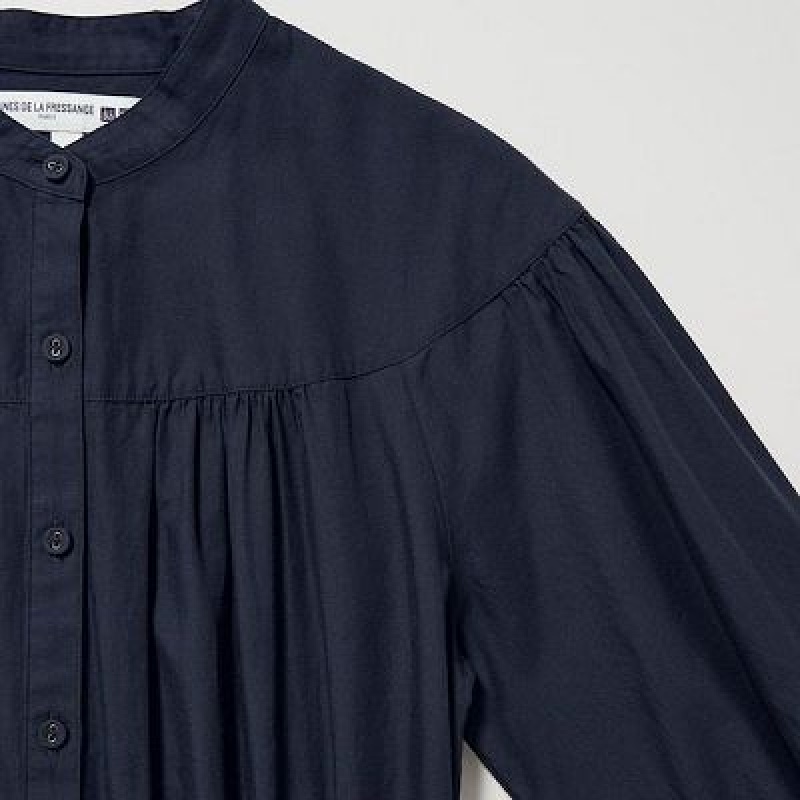 Navy Uniqlo Cotton Twill Volume Sleeve Long Women Dress | 1324574