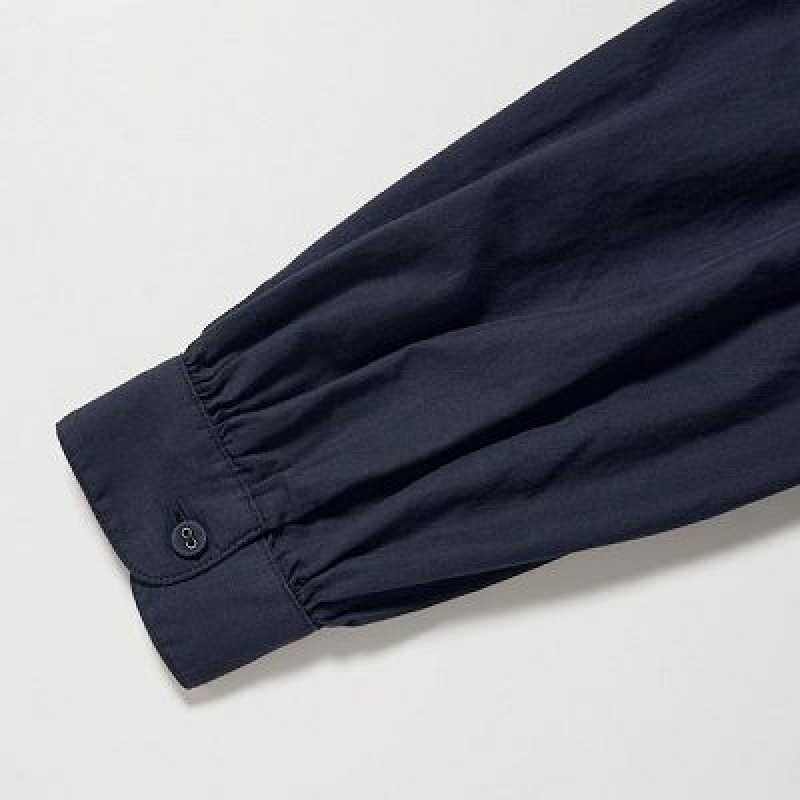 Navy Uniqlo Cotton Twill Volume Sleeve Long Women Dress | 1324574