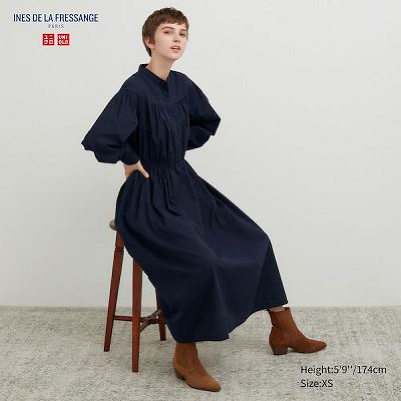 Navy Uniqlo Cotton Twill Volume Sleeve Long Women Dress | 1324574