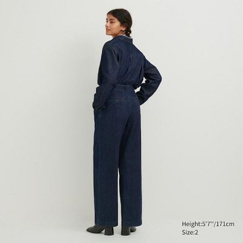 Navy Uniqlo Denim Wide-Fit Pleated Women Pants | 8083782