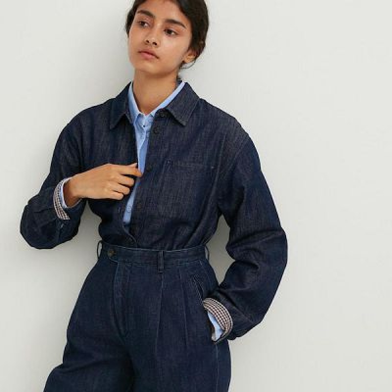 Navy Uniqlo Denim Wide-Fit Pleated Women Pants | 8083782