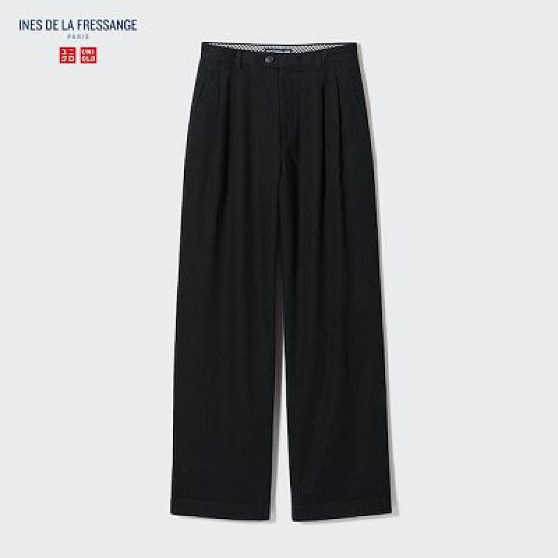 Navy Uniqlo Denim Wide-Fit Pleated Women Pants | 8083782