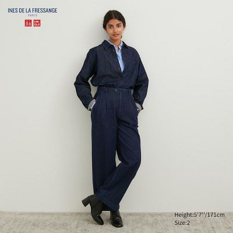 Navy Uniqlo Denim Wide-Fit Pleated Women Pants | 8083782