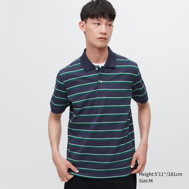Navy Uniqlo Dry Pique Striped Short-sleeve Men Polo Shirts | 3603199